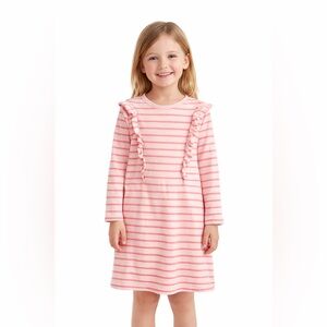 Tea Collection Girls Pink Striped Ruffle Dress Size 8 Long Sleeve Cotton